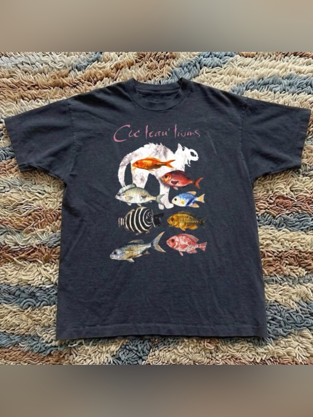 Vintage Cocteau Twins Black Tee with White Cat and Colorful Tropical Fish